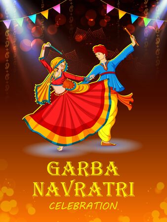 illustration of couple playing Dandiya in disco Garba Night banner poster for Navratri Dussehra festival of Indiaのイラスト素材