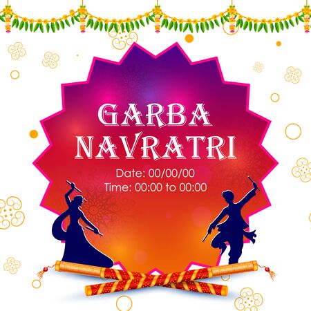 illustration of couple playing Dandiya in disco Garba Night banner poster for Navratri Dussehra festival of Indiaのイラスト素材