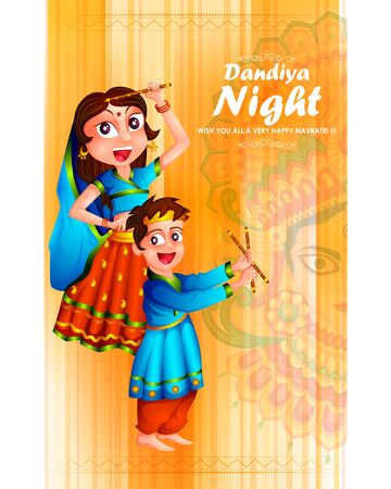 Couple performing Garba dance in Dandiya Raas for Dussehra or Navratri in vectorのイラスト素材