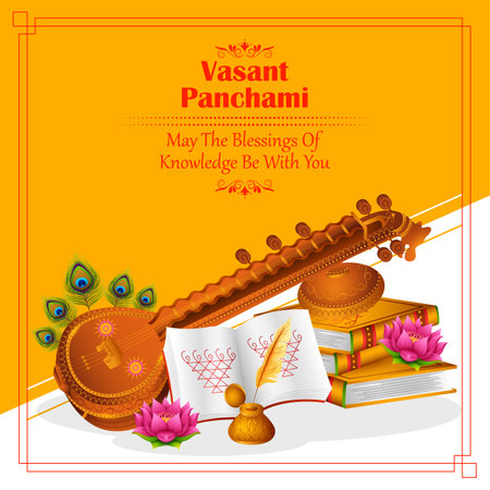 Indian God Saraswati Maa on Vasant Panchami religious festival backgroundのイラスト素材