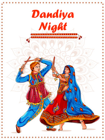 Couple performing dandiya and dancing garba sale and promotion advertisement backgroundのイラスト素材