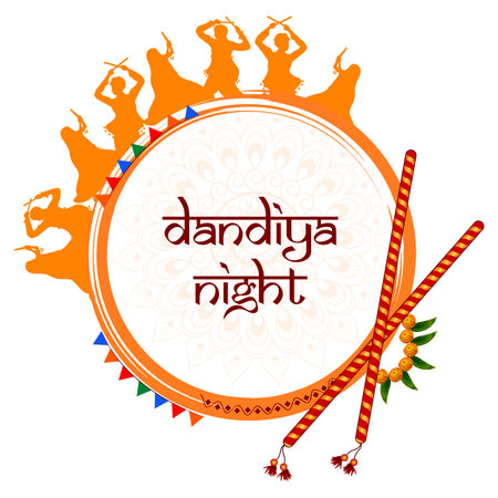 Couple performing dandiya and dancing garba sale and promotion advertisement backgroundのイラスト素材