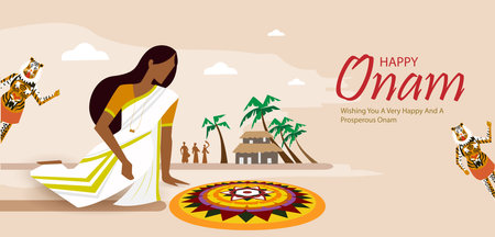 Happy Onam festival greetings to mark the annual Hindu festival of Kerala, Indiaのイラスト素材