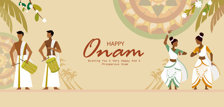 Happy Onam festival greetings to mark the annual Hindu festival of Kerala, Indiaのイラスト素材