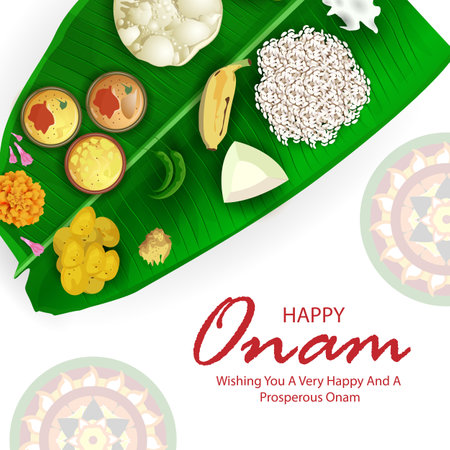 Happy Onam festival greetings to mark the annual Hindu festival of Kerala, Indiaのイラスト素材