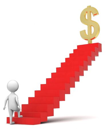 3d man walking towards a staircase with a dollar sign at the top isolated on white backgroundの写真素材