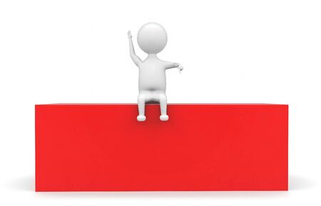 3d man waving hand and sitting on red box  isolated on white backgroundの写真素材