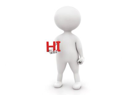 3d man presenting hi text  isolated on white backgroundの写真素材