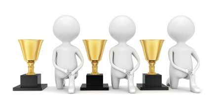 3d men  next to the trophies isolated on white backgroundの写真素材
