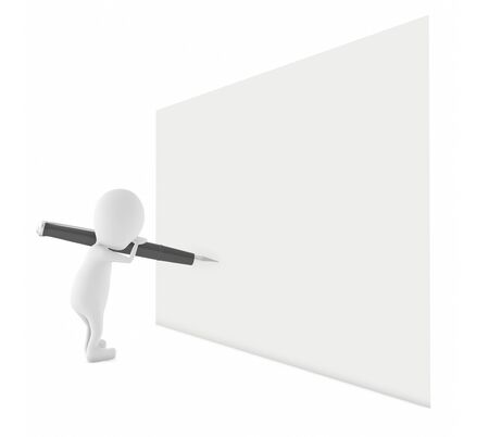 3d character ,holding a pen and writing on a white empty space - 3d renderingの写真素材
