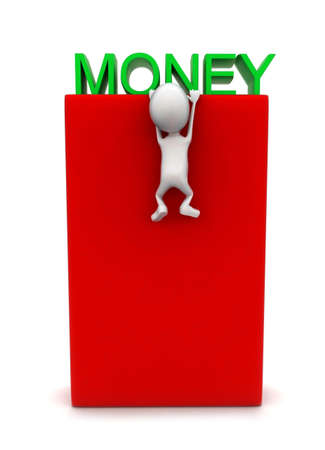 3d man hanging at the edge of ther box next to money text concept - 3d renderingの写真素材