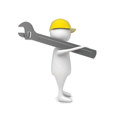 3d man wearing safety helmet and holding wrench in hands concept yの写真素材