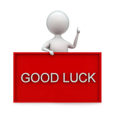 3d man presenting good luck text banner concept - 3d renderingの写真素材