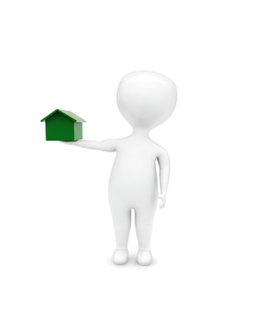 3d man holding toy home - house in hand concept in white isolated background - 3d rendering , front angle viewの写真素材