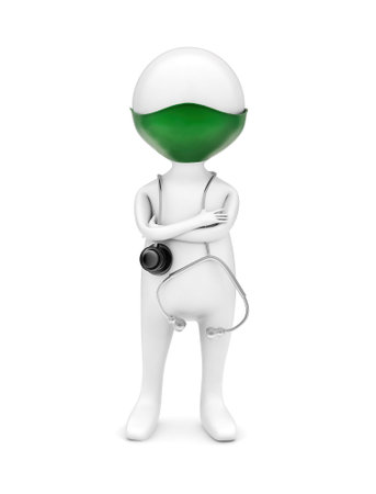 3d man wearing green mask and stethoscope on shoulder concept in white isolated background - 3d rendering , front angle viewの写真素材