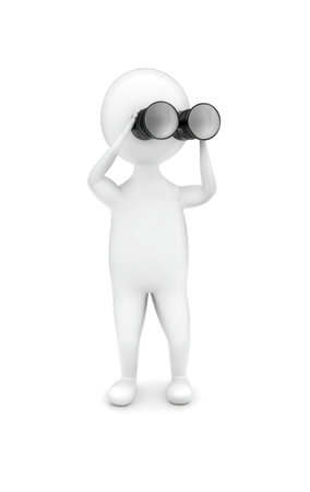 3d man looking through binocular concept in white isolated background , front angle viewの写真素材