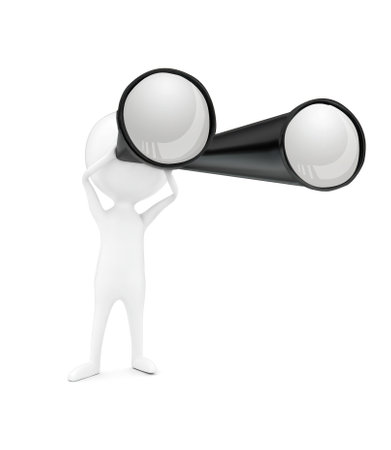 3d man looking through binocular concept in white isolated background - 3d rendering , front angle viewの写真素材