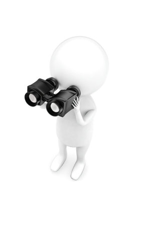 3d man looking through binocular concept in white isolated background - 3d rendering , top angle viewの写真素材