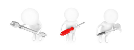 3d different characters holding wrench , screwdriver and hammer in hands concept in white isolated background - 3d rendering , top angle viewの写真素材