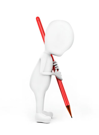 3d man holding a pencil by both of his hands with its graphite end pointing towards the ground concept in white isolated background - 3d rendering , side angle viewの写真素材