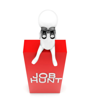 3d man looking through binocular while siting on rectangular block with text job hunt on it concept in white isolated background - 3d rendering , top angle viewの写真素材