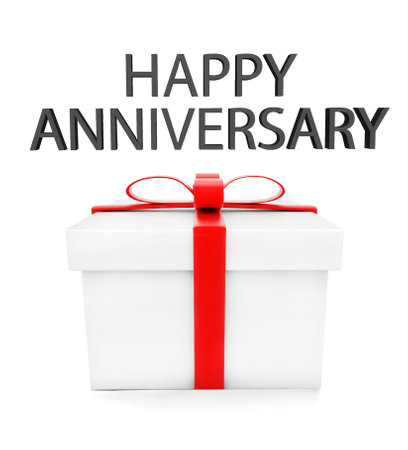 3d gift box happy anniversary text in white isolated background - 3d rendering , front angle viewの写真素材