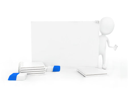 3d man standing beside a white frame , and eraser,s and notepad,s on the floor concept in white...