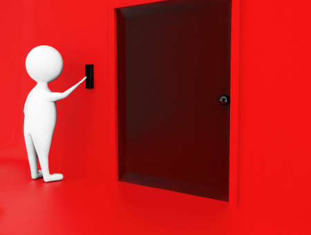 3d man push swith attached on a wall near to a closed door concept