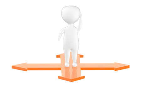 3d character , man confused while standing on four way directional arrows- 3d renderingの写真素材