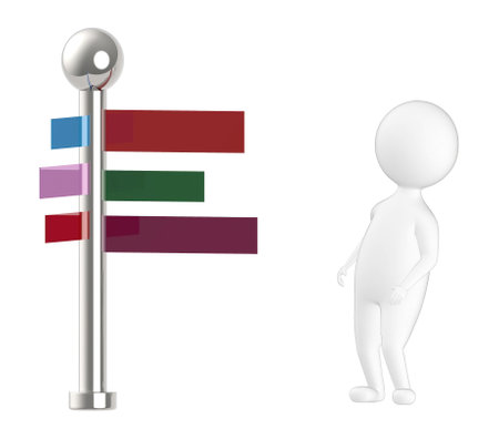 3d character ,man standing in front of a direction sign post - 3d renderingの写真素材