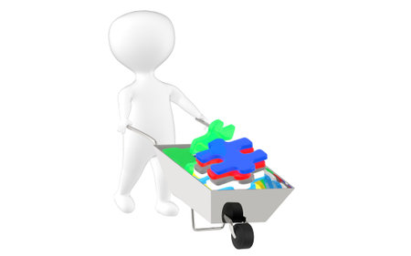 3d character , man moving cart of jigsaws- 3d renderingの写真素材