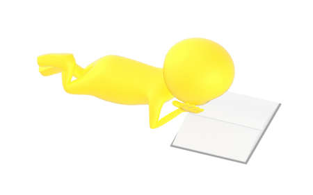 3d yellow character lying on ground and reading book - 3d renderingの写真素材
