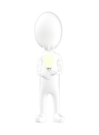 3d character , man holding a lighted bulb- 3d renderingの写真素材
