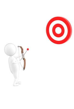 3d character , man aiming with his arrow and bow towards a dart traget board- 3d renderingの写真素材