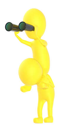 3d yellow character , character on the shoulder of another character and looking through binocular - 3d renderingの写真素材