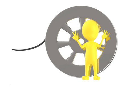 3d yellow character and a film reel - 3d renderingの写真素材