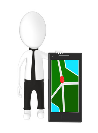 3d character , man with a smartphone and a pin in it on the empty screen- 3d renderingの写真素材