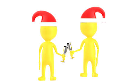 3d yellow character , two character wearing xmas cap and clinking glasses - 3d renderingの写真素材