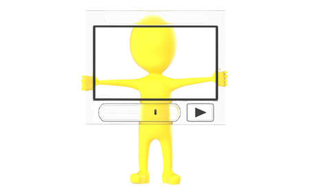 3d yellow character holding a transparant media player in hands - 3d rendering
