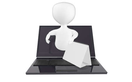 3d character , man coming out laptop screen with a empty notepad calender- 3d renderingの写真素材