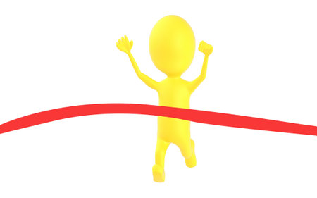 3d yellow character , athlette is about to cross the finish line - 3d renderingの写真素材
