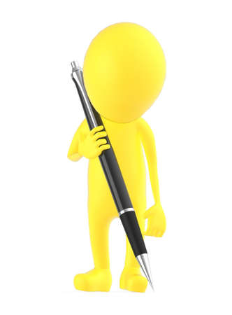 3d yellow character holding a large pen and writing - 3d renderingの写真素材
