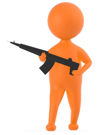 3d orange character holding a gun in his hands -3d renderingの写真素材