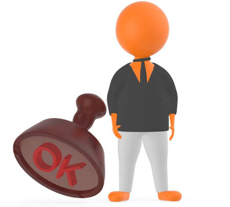 3d orange character standing near to a ok stamp -3d rendering - 3d renderingの写真素材