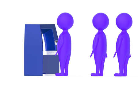3d purple character,s queue in a atm counter -3d renderingの写真素材
