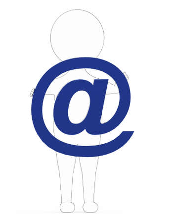 3d white - black outer lined character holding and showing a at the rate sign -3d renderingの写真素材