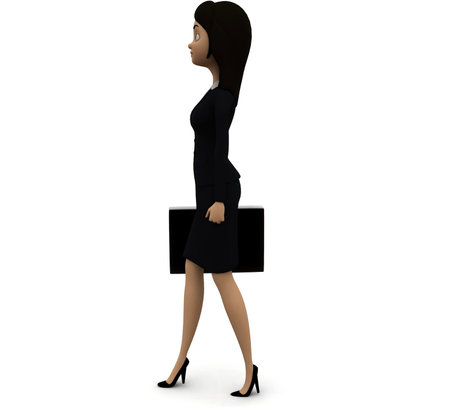 3d walking business woman with a briefcase concept in white isolated background 3d - rendering , side angle viewの写真素材