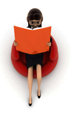 3d woman reading book while on chair concept on white background, top angle viewの写真素材