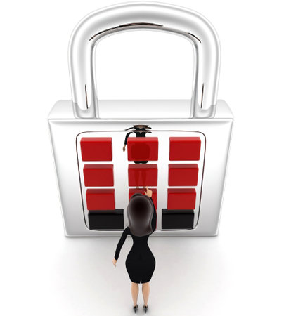 3d woman lock and password authentication security concept on white background, top angle viewの写真素材
