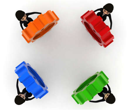 3d women holding colourful gear cogwheel concept on white background, top angle view